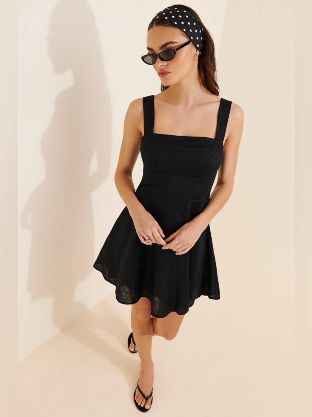 Maeve Linen Blend Square-Neck Mini Dress Black Smocked Lined Anthropologie